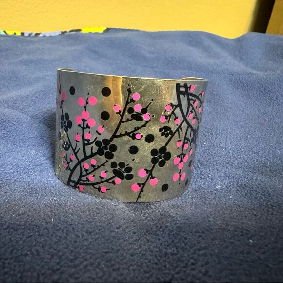 Cuff Bracelet Silver Toned With Pink and Black Design - Picture 3 of 4